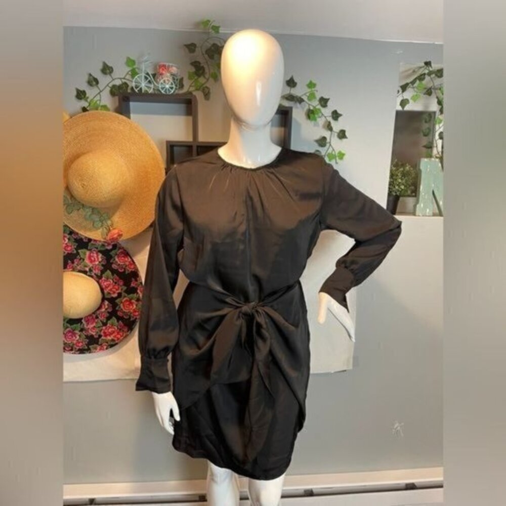 Fashion Silk Crewneck Ruched Long Sleeve Tie Waist Midi‎ Dresses Size XL RefJ030